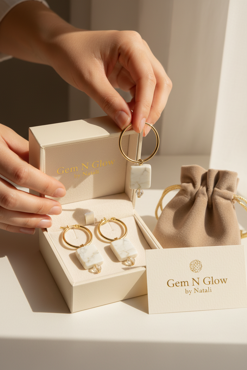 White howlite stone hoop earrings with grey veining and gold-tone details