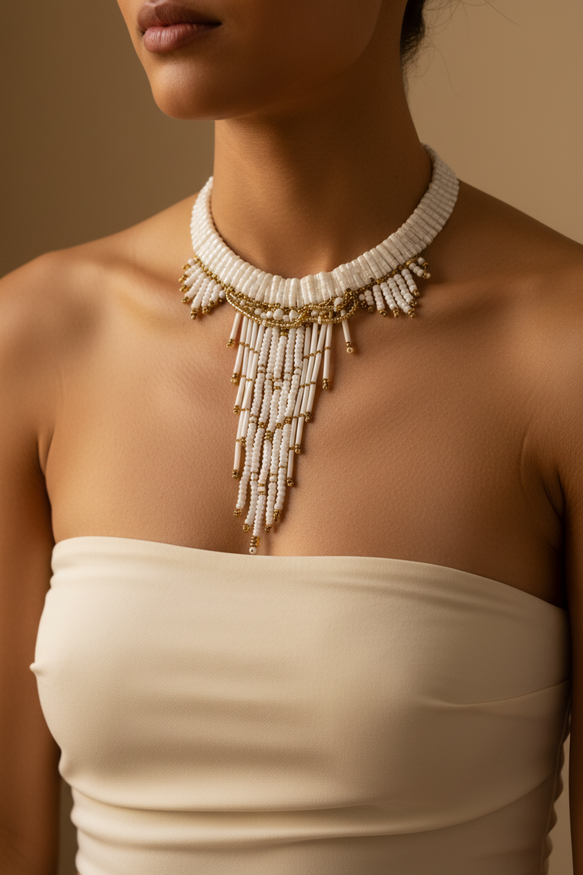 Ivory Cascade necklace with white beads and gold accents on neck