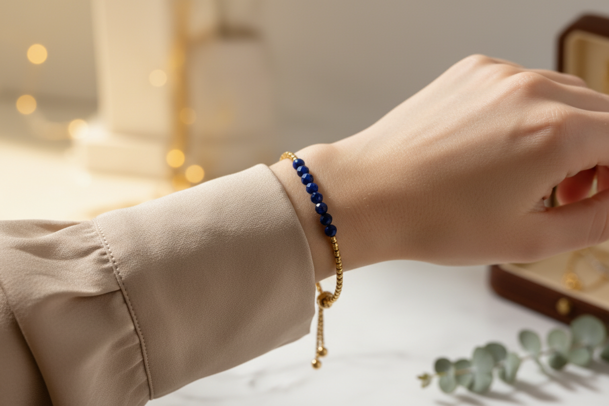 handmade lapis lazuli bracelet on woman's hand