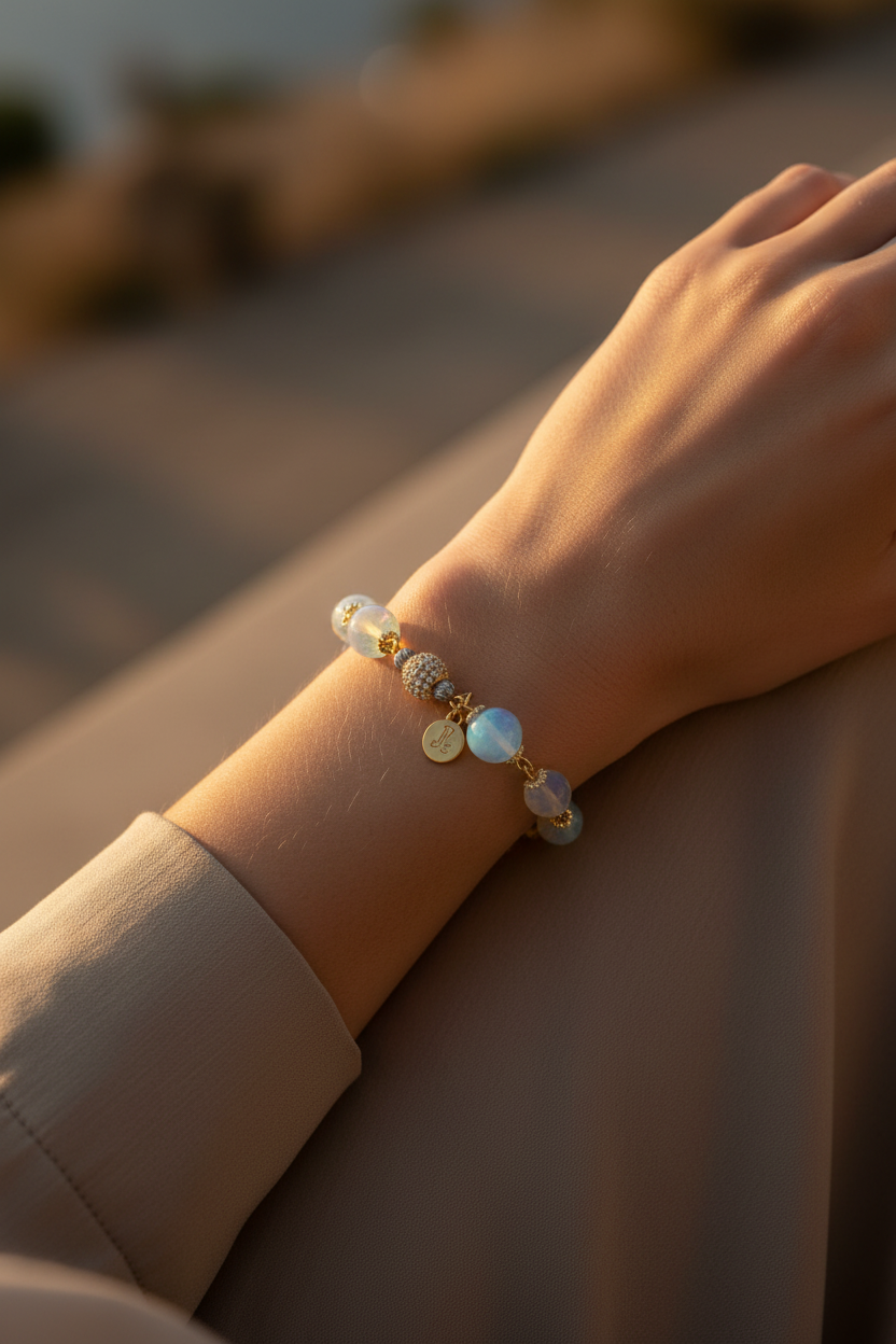 blue beads bracelet on hand