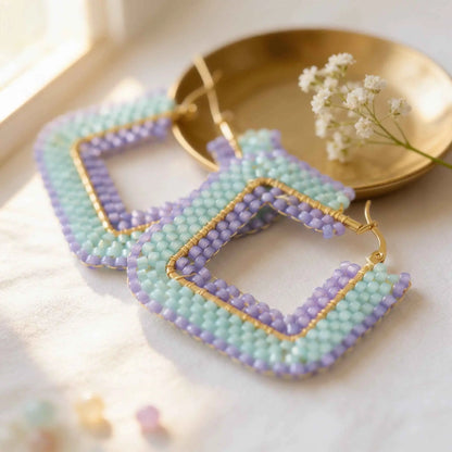 Aura Tide Hoops – Handmade Miyuki Bead Earrings in Mint & Lilac
