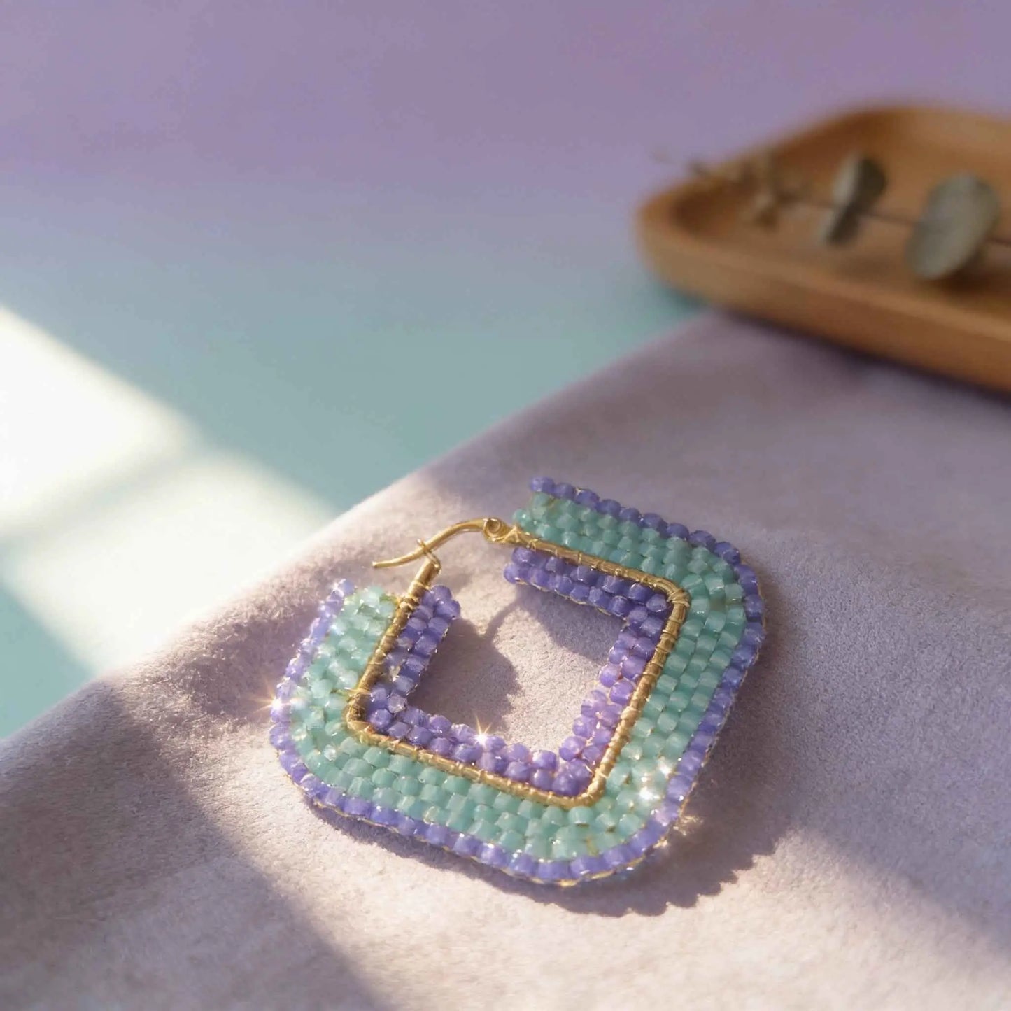 Aura Tide Hoops – Handmade Miyuki Bead Earrings in Mint & Lilac