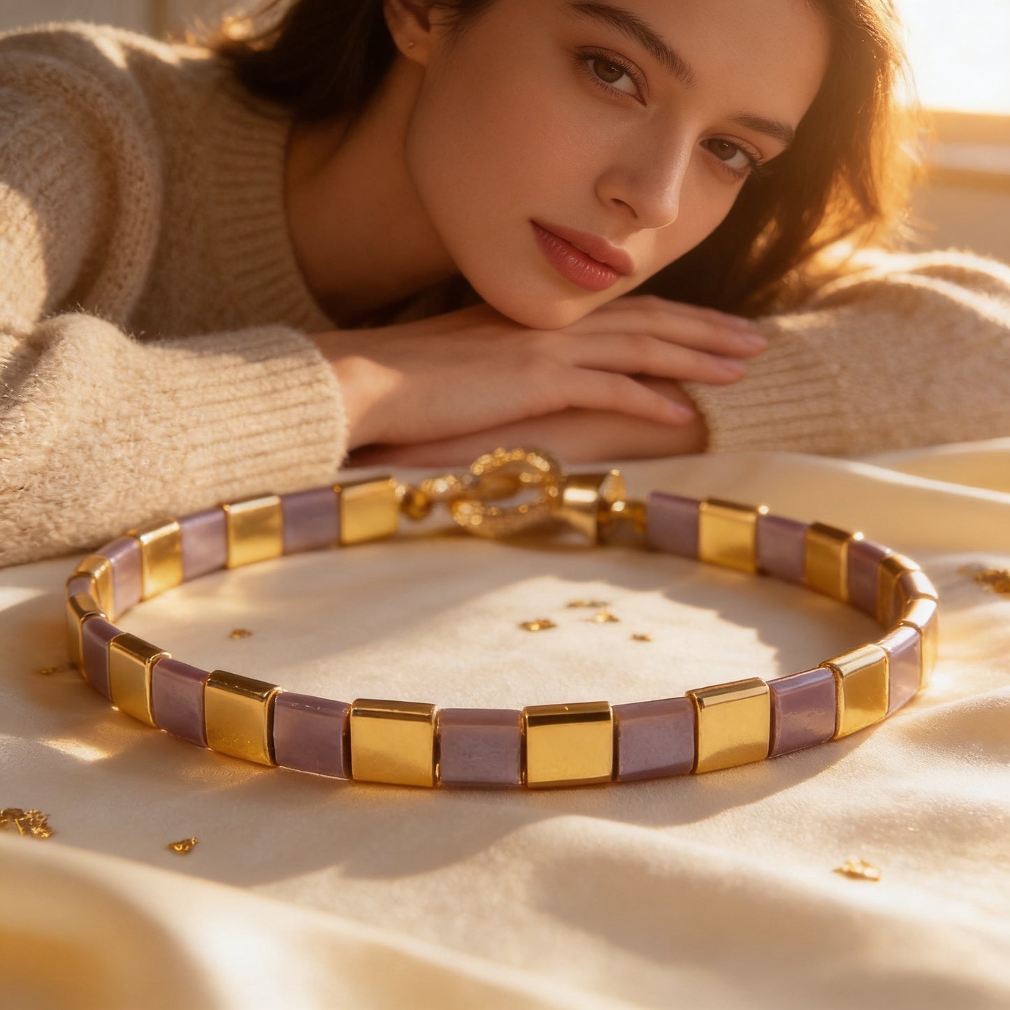 Silk Line  Bracelet - Handmade Lilac Gold Tila Jewelry Gem N Glow by Natali
