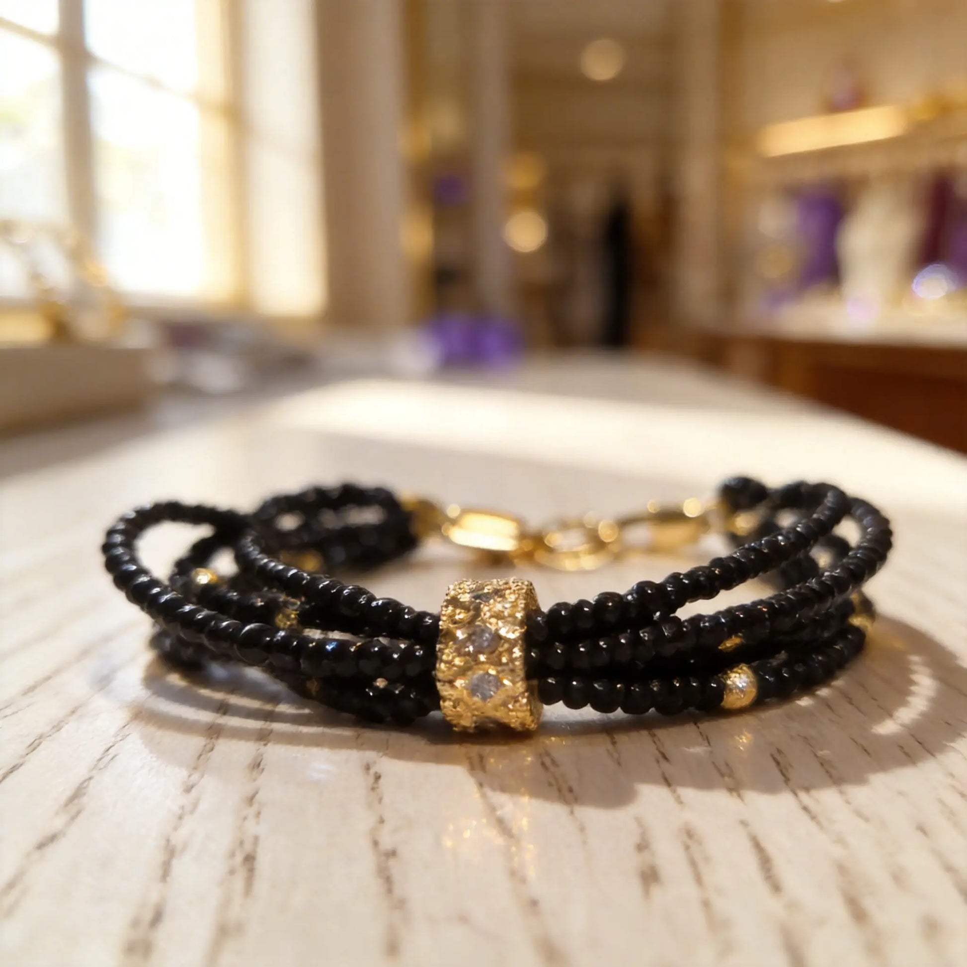 Eclipse Miyuki Set | Black Seed Bead Layered Jewelry with Gold Accents - Gemnglow